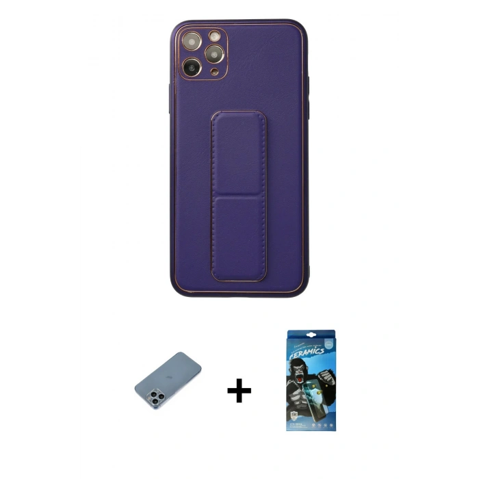 MARSİLYAN™- iPhone 11 Pro Max Kılıf Akış Doku - Siyah 34D Izgaralı Cam + Shine Kamera Lens Koruma Cam - SABE