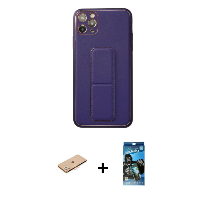 MARSİLYAN™- iPhone 11 Pro Max Kılıf Akış Doku - Siyah 34D Izgaralı Cam + Renkli Kamera Lens Koruma Cam - TU