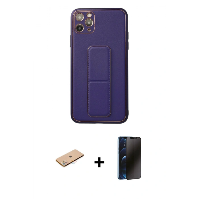 MARSİLYAN™- iPhone 11 Pro Max Kılıf Akış Doku - Siyah 3D Antistatik Hayalet Cam Ekran Koruyucu + Pembe Renkli Kamera Lens Koruma Cam