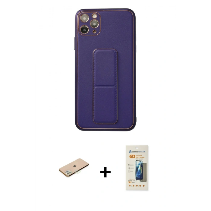 MARSİLYAN™- iPhone 11 Pro Max Kılıf Akış Doku - Siyah 6D Mat Seramik Hayalet Nano Ekran Koruyucu + Yeşil Renkli Kamera Lens Koruma Cam