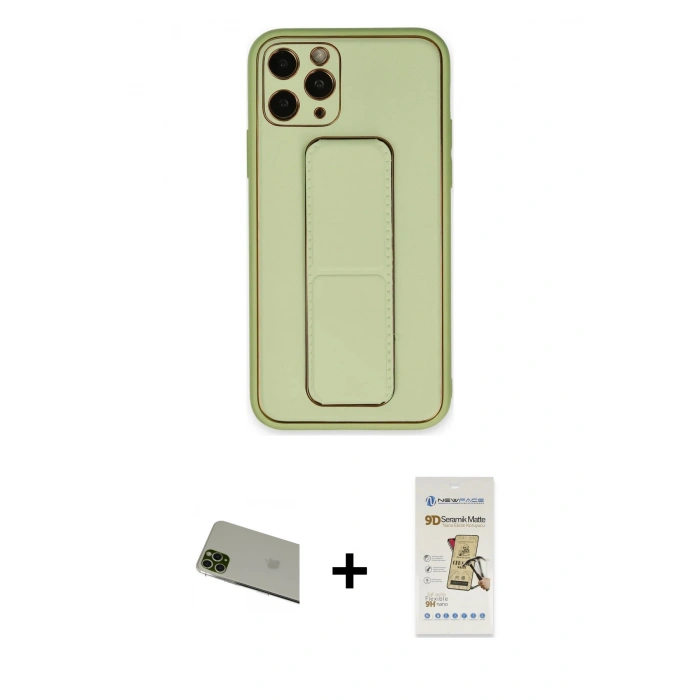 MARSİLYAN™- iPhone 11 Pro Max Kılıf Akış Doku - Siyah Mat Seramik Nano Ekran Koruyucu + Yeşil Rainbow Kamera Lens Koruma Cam