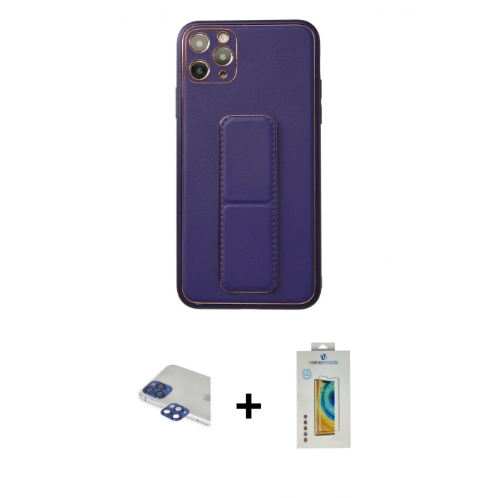 MARSİLYAN™- iPhone 11 Pro Max Kılıf Akış Doku - Siyah Polymer Nano Ekran Koruyucu + Lacivert Pers Alüminyum Kamera Lens