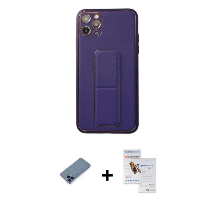 MARSİLYAN™- iPhone 11 Pro Max Kılıf Akış Doku - Siyah Seramik Nano Ekran Koruyucu + Mavi Metal Kamera Lens Koruma Cam