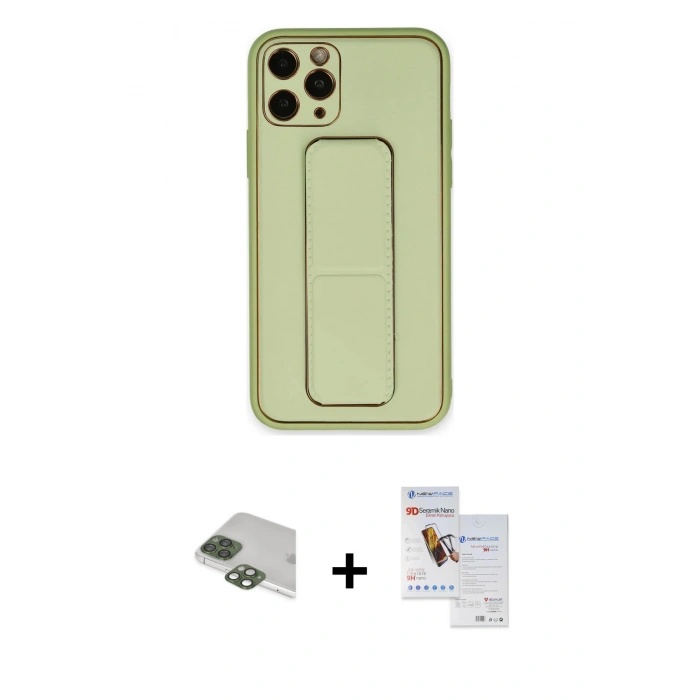 MARSİLYAN™- iPhone 11 Pro Max Kılıf Akış Doku - Siyah Seramik Nano Ekran Koruyucu + Yeşil Pers Alüminyum Kamera Lens