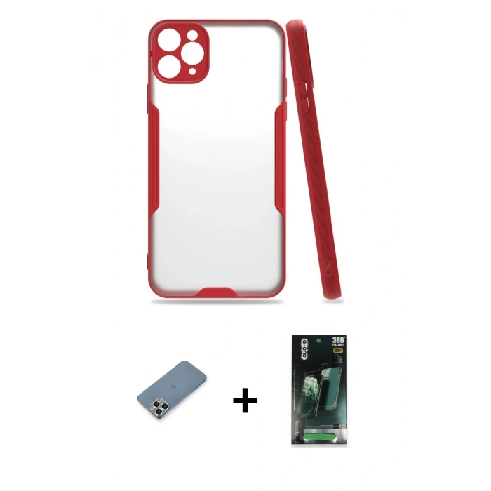 MARSİLYAN™- iPhone 11 Pro Max Kılıf Atlas Asil Serisi - Şeffaf 360 Full Body Arka Koruyucu + Metal Kamera Lens Koruma Cam - GS