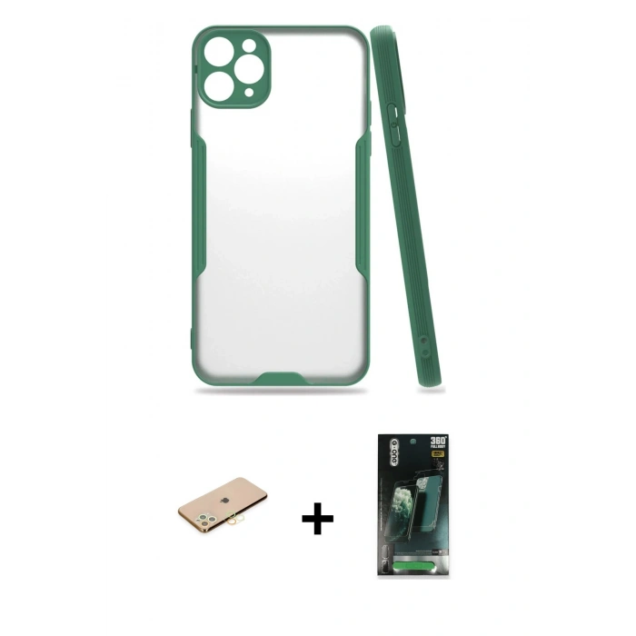 MARSİLYAN™- iPhone 11 Pro Max Kılıf Atlas Asil Serisi - Şeffaf 360 Full Body Arka Koruyucu + Renkli Kamera Lens Koruma Cam - SI