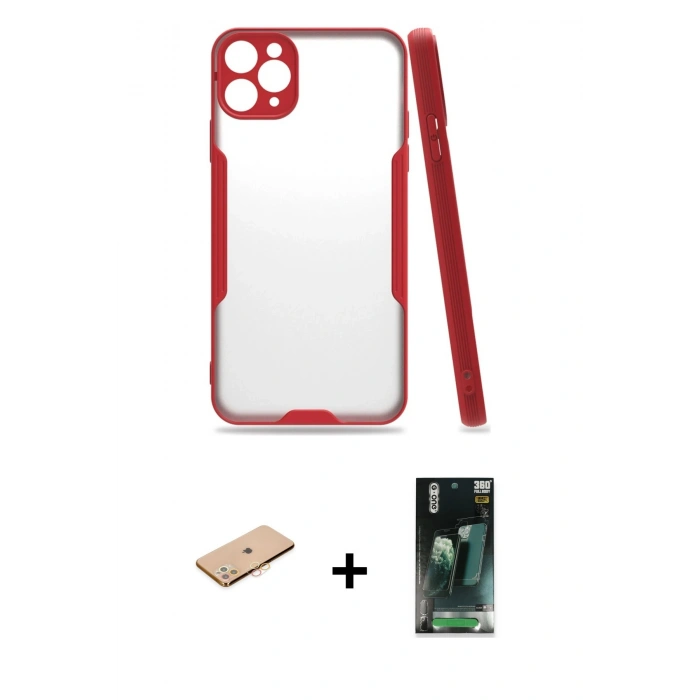 MARSİLYAN™- iPhone 11 Pro Max Kılıf Atlas Asil Serisi - Şeffaf 360 Full Body Arka Koruyucu + Renkli Kamera Lens Koruma Cam - TU