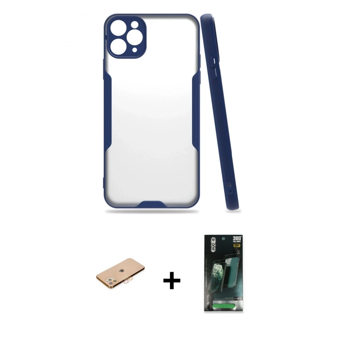 MARSİLYAN™- iPhone 11 Pro Max Kılıf Atlas Asil Serisi - Şeffaf 360 Full Body Arka Koruyucu + Renkli Kamera Lens Koruma Cam - TU