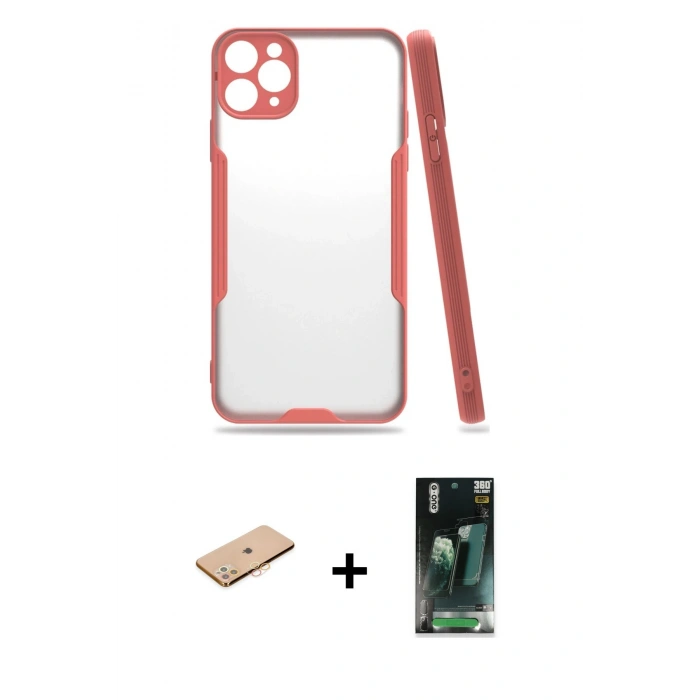 MARSİLYAN™- iPhone 11 Pro Max Kılıf Atlas Asil Serisi - Şeffaf 360 Full Body Arka Koruyucu + Renkli Kamera Lens Koruma Cam - TU