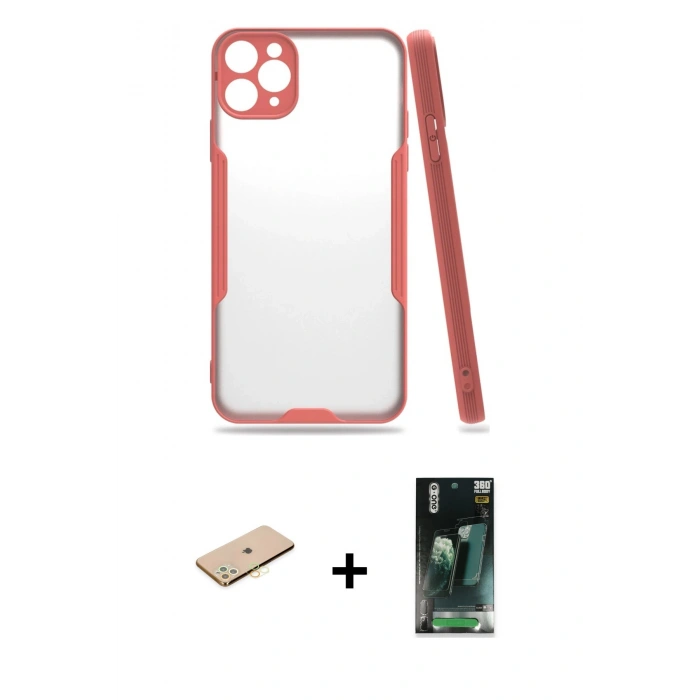 MARSİLYAN™- iPhone 11 Pro Max Kılıf Atlas Asil Serisi - Şeffaf 360 Full Body Arka Koruyucu + Renkli Kamera Lens Koruma Cam - SI