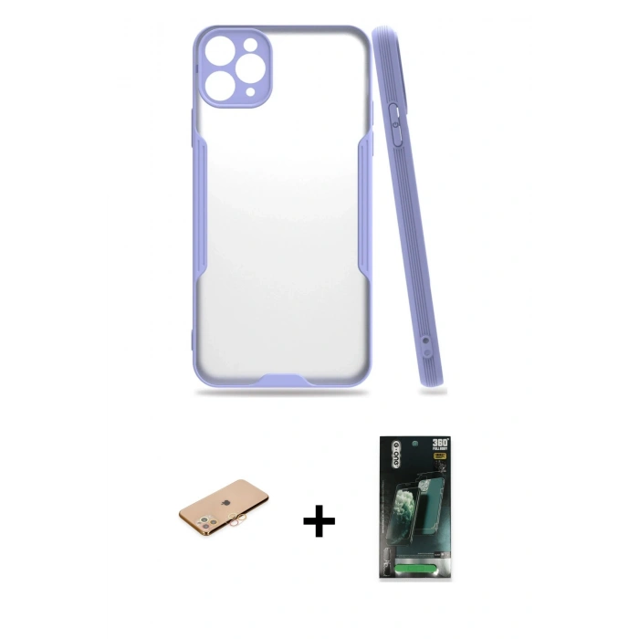 MARSİLYAN™- iPhone 11 Pro Max Kılıf Atlas Asil Serisi - Şeffaf 360 Full Body Arka Koruyucu + Renkli Kamera Lens Koruma Cam - TU