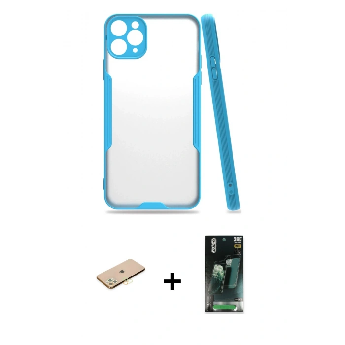 MARSİLYAN™- iPhone 11 Pro Max Kılıf Atlas Asil Serisi - Şeffaf 360 Full Body Arka Koruyucu + Renkli Kamera Lens Koruma Cam - SI