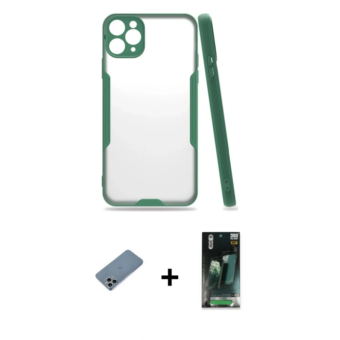 MARSİLYAN™- iPhone 11 Pro Max Kılıf Atlas Asil Serisi - Şeffaf 360 Full Body Arka Koruyucu + Shine Kamera Lens Koruma Cam - SABE