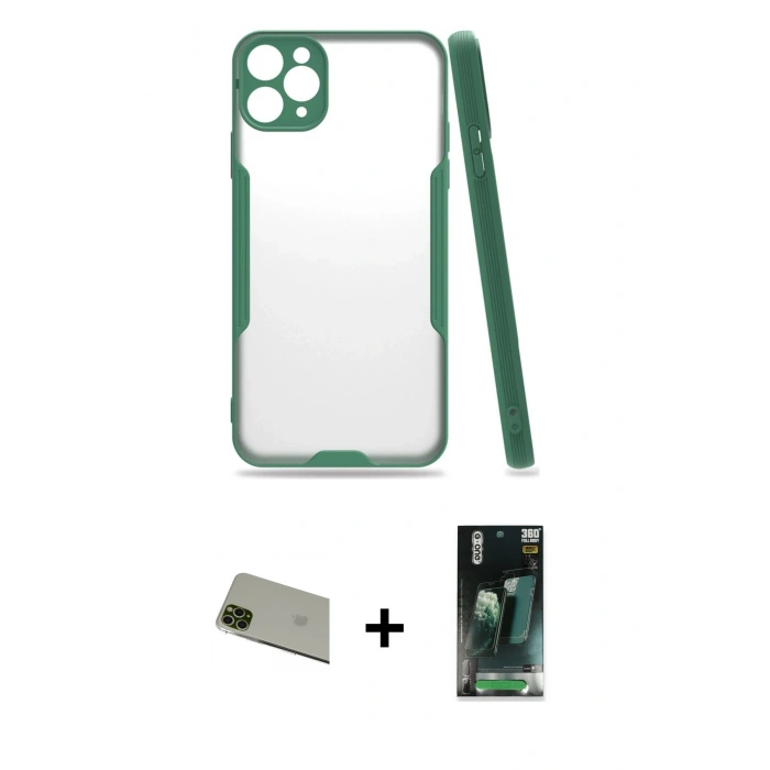 MARSİLYAN™- iPhone 11 Pro Max Kılıf Atlas Asil Serisi - Şeffaf 360 Full Body Arka Koruyucu + Rainbow Kamera Lens Koruma Cam - YL