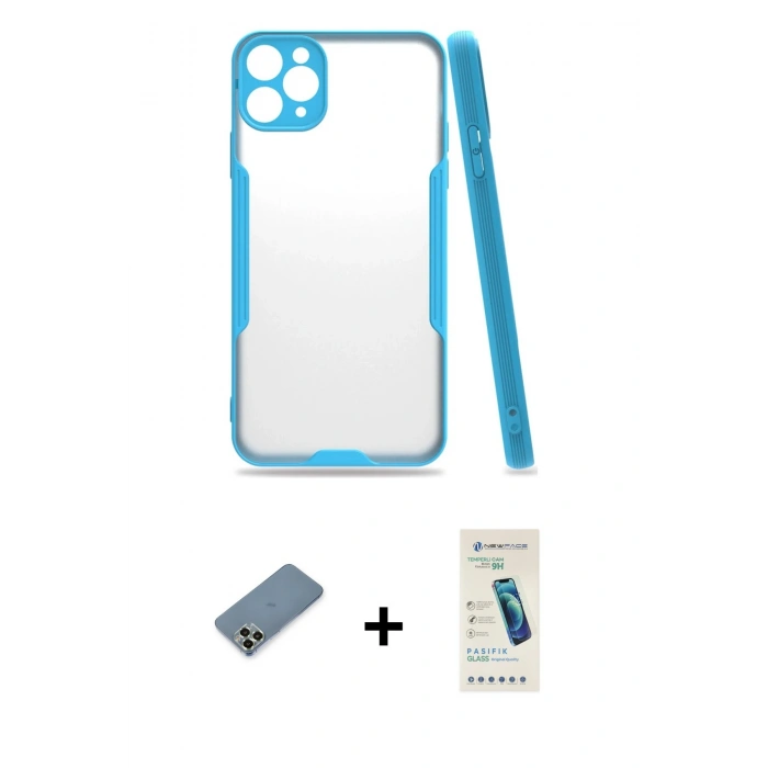 MARSİLYAN™- iPhone 11 Pro Max Kılıf Atlas Asil Serisi - Şeffaf Pasifik Cam Ekran Koruyucu + Metal Kamera Lens Koruma Cam - AKYL