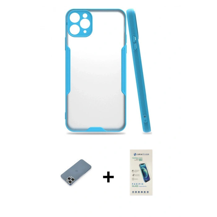 MARSİLYAN™- iPhone 11 Pro Max Kılıf Atlas Asil Serisi - Şeffaf Pasifik Cam Ekran Koruyucu + Metal Kamera Lens Koruma Cam - GS