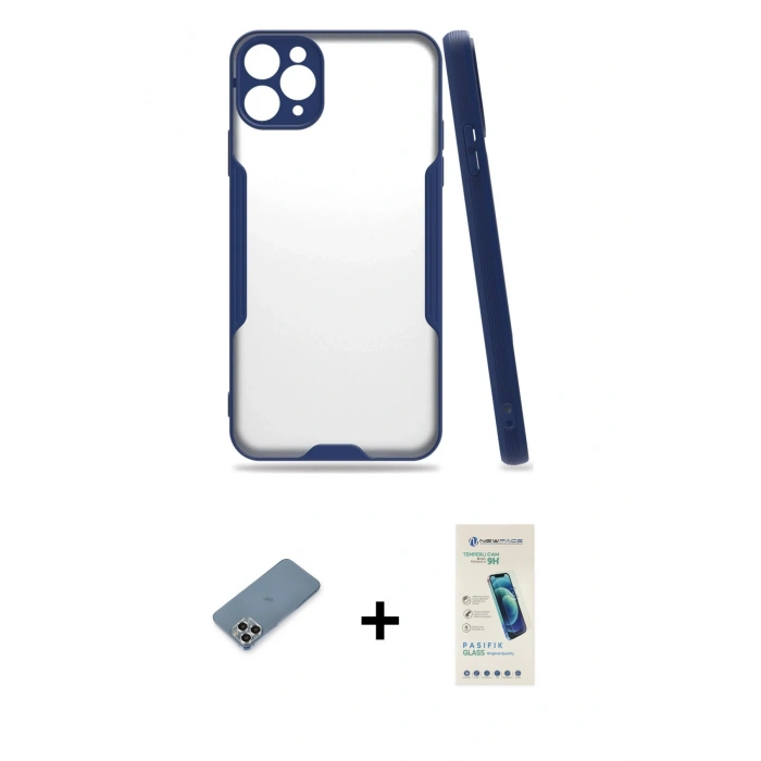 MARSİLYAN™- iPhone 11 Pro Max Kılıf Atlas Asil Serisi - Şeffaf Pasifik Cam Ekran Koruyucu + Metal Kamera Lens Koruma Cam - GS