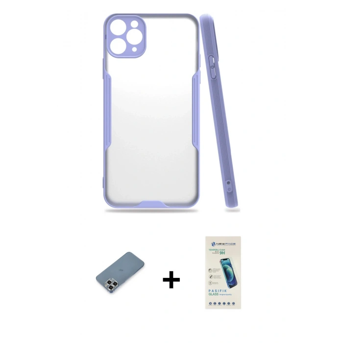 MARSİLYAN™- iPhone 11 Pro Max Kılıf Atlas Asil Serisi - Şeffaf Pasifik Cam Ekran Koruyucu + Metal Kamera Lens Koruma Cam - GS