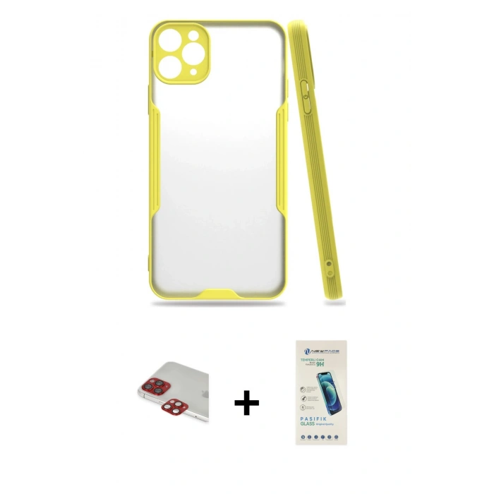 MARSİLYAN™- iPhone 11 Pro Max Kılıf Atlas Asil Serisi - Şeffaf Pasifik Cam Ekran Koruyucu + Pers Alüminyum Kamera Lens - KI