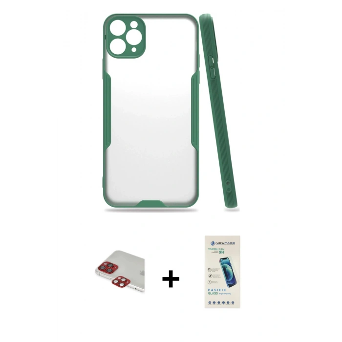 MARSİLYAN™- iPhone 11 Pro Max Kılıf Atlas Asil Serisi - Şeffaf Pasifik Cam Ekran Koruyucu + Pers Alüminyum Kamera Lens - KI
