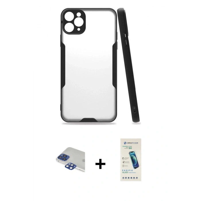 MARSİLYAN™- iPhone 11 Pro Max Kılıf Atlas Asil Serisi - Şeffaf Pasifik Cam Ekran Koruyucu + Pers Alüminyum Kamera Lens - LT