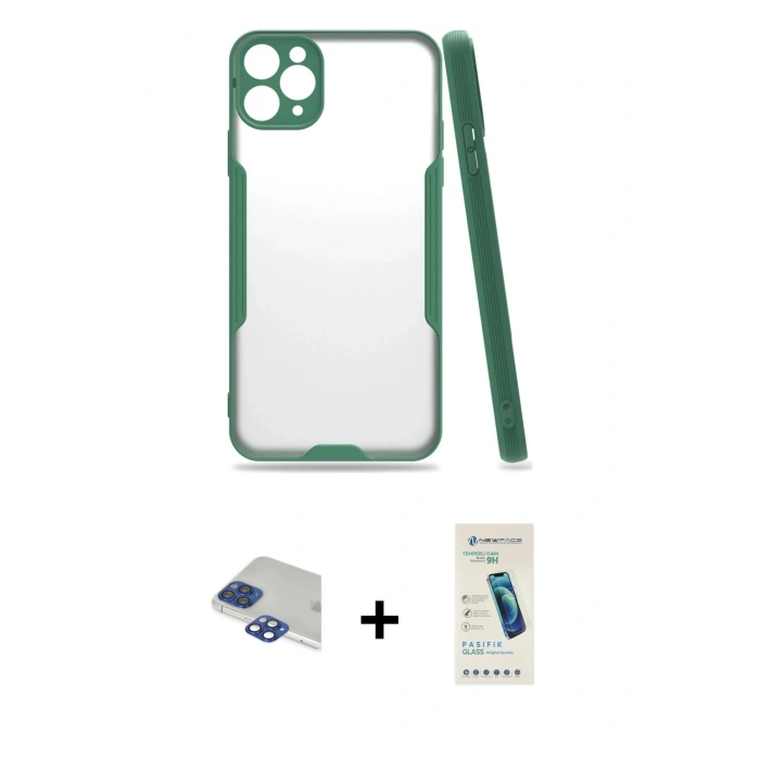 MARSİLYAN™- iPhone 11 Pro Max Kılıf Atlas Asil Serisi - Şeffaf Pasifik Cam Ekran Koruyucu + Pers Alüminyum Kamera Lens - LT