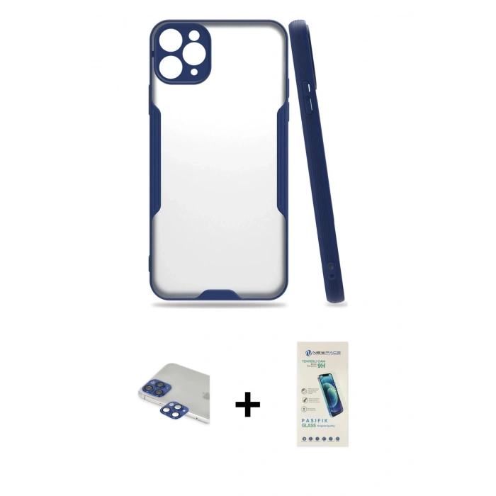 MARSİLYAN™- iPhone 11 Pro Max Kılıf Atlas Asil Serisi - Şeffaf Pasifik Cam Ekran Koruyucu + Pers Alüminyum Kamera Lens - LT