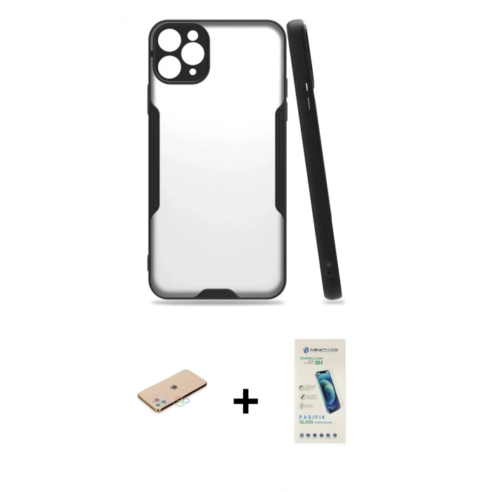 MARSİLYAN™- iPhone 11 Pro Max Kılıf Atlas Asil Serisi - Şeffaf Pasifik Cam Ekran Koruyucu + Renkli Kamera Lens Koruma Cam - MI