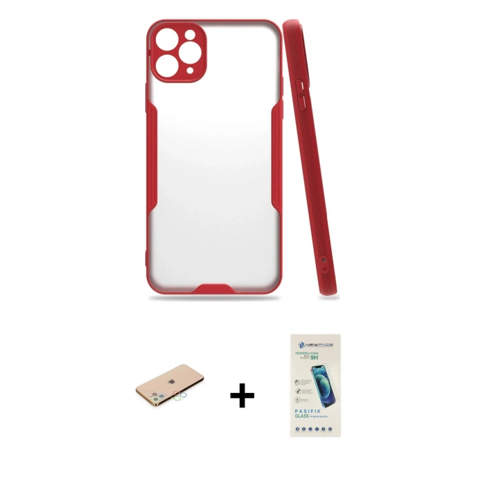 MARSİLYAN™- iPhone 11 Pro Max Kılıf Atlas Asil Serisi - Şeffaf Pasifik Cam Ekran Koruyucu + Renkli Kamera Lens Koruma Cam - MI