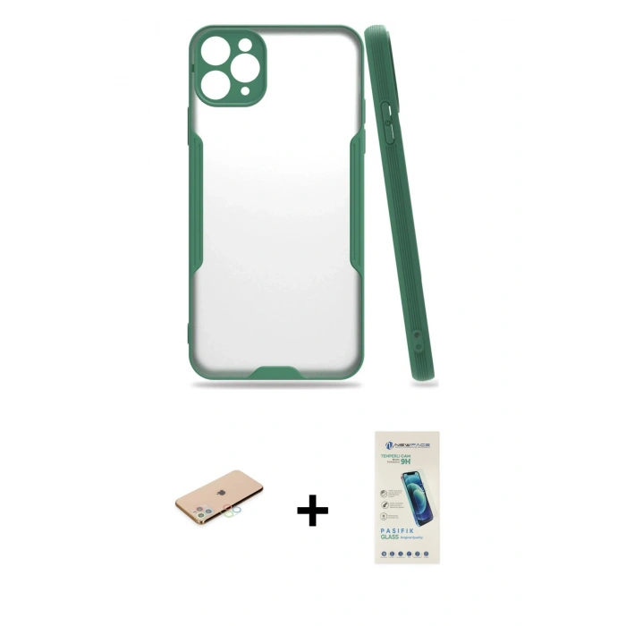 MARSİLYAN™- iPhone 11 Pro Max Kılıf Atlas Asil Serisi - Şeffaf Pasifik Cam Ekran Koruyucu + Renkli Kamera Lens Koruma Cam - MI