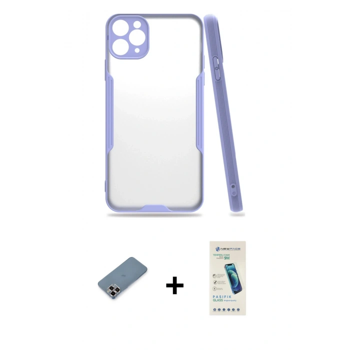 MARSİLYAN™- iPhone 11 Pro Max Kılıf Atlas Asil Serisi - Şeffaf Pasifik Cam Ekran Koruyucu + Metal Kamera Lens Koruma Cam - MR