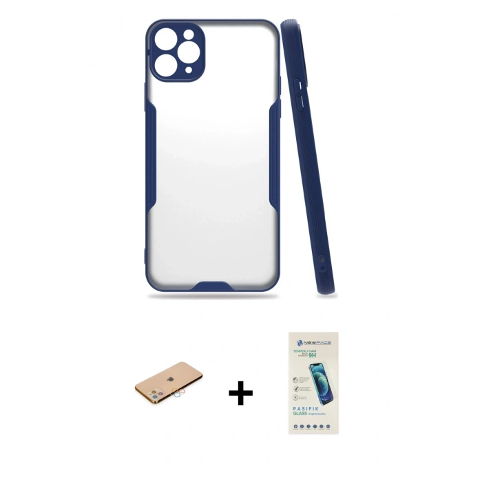 MARSİLYAN™- iPhone 11 Pro Max Kılıf Atlas Asil Serisi - Şeffaf Pasifik Cam Ekran Koruyucu + Renkli Kamera Lens Koruma Cam - PE