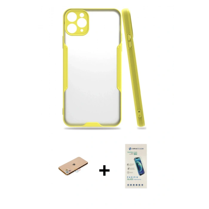 MARSİLYAN™- iPhone 11 Pro Max Kılıf Atlas Asil Serisi - Şeffaf Pasifik Cam Ekran Koruyucu + Renkli Kamera Lens Koruma Cam - PE