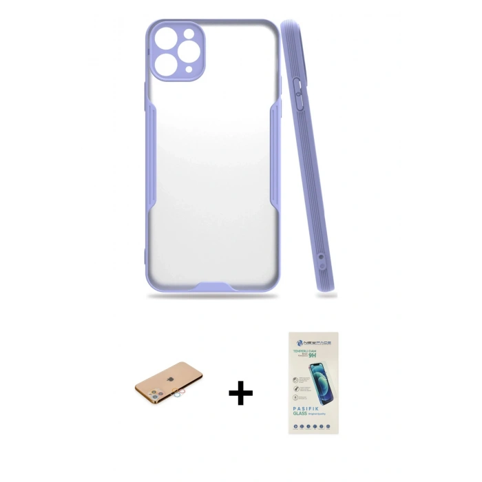MARSİLYAN™- iPhone 11 Pro Max Kılıf Atlas Asil Serisi - Şeffaf Pasifik Cam Ekran Koruyucu + Renkli Kamera Lens Koruma Cam - PE