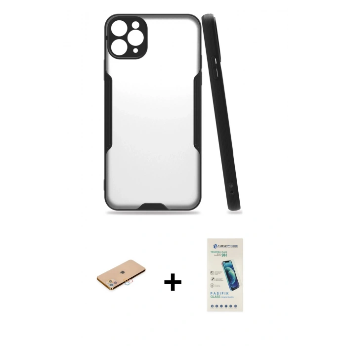 MARSİLYAN™- iPhone 11 Pro Max Kılıf Atlas Asil Serisi - Şeffaf Pasifik Cam Ekran Koruyucu + Renkli Kamera Lens Koruma Cam - PE