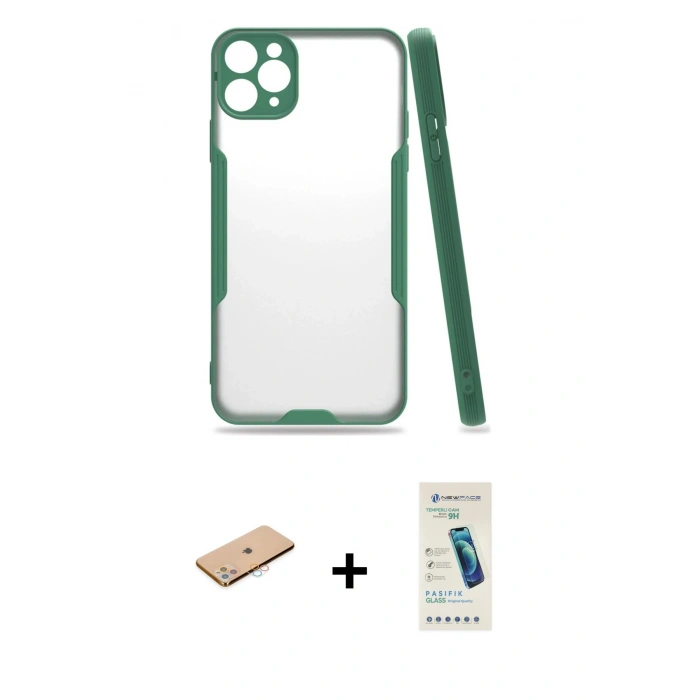MARSİLYAN™- iPhone 11 Pro Max Kılıf Atlas Asil Serisi - Şeffaf Pasifik Cam Ekran Koruyucu + Renkli Kamera Lens Koruma Cam - PE