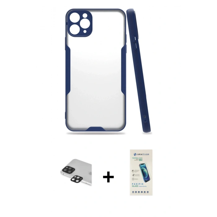 MARSİLYAN™- iPhone 11 Pro Max Kılıf Atlas Asil Serisi - Şeffaf Pasifik Cam Ekran Koruyucu + Pers Alüminyum Kamera Lens - SH