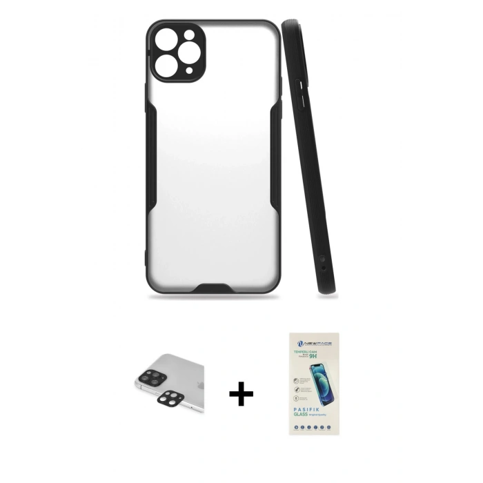 MARSİLYAN™- iPhone 11 Pro Max Kılıf Atlas Asil Serisi - Şeffaf Pasifik Cam Ekran Koruyucu + Pers Alüminyum Kamera Lens - SH