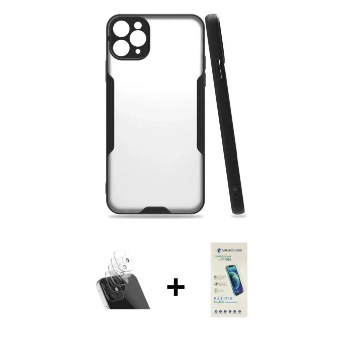 MARSİLYAN™- iPhone 11 Pro Max Kılıf Atlas Asil Serisi - Şeffaf Pasifik Cam Ekran Koruyucu + Kamera Lens Koruma Cam - SF