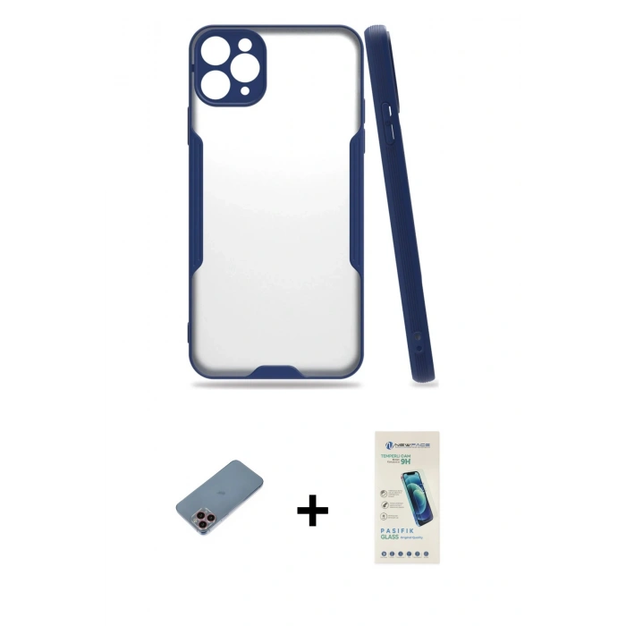 MARSİLYAN™- iPhone 11 Pro Max Kılıf Atlas Asil Serisi - Şeffaf Pasifik Cam Ekran Koruyucu + Shine Kamera Lens Koruma Cam - PE