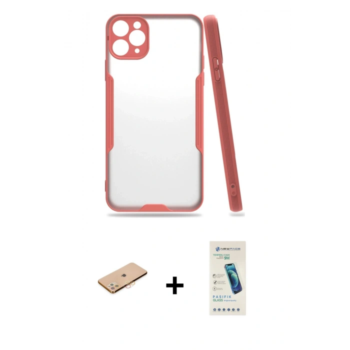 MARSİLYAN™- iPhone 11 Pro Max Kılıf Atlas Asil Serisi - Şeffaf Pasifik Cam Ekran Koruyucu + Renkli Kamera Lens Koruma Cam - TU