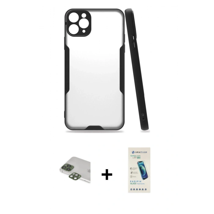 MARSİLYAN™- iPhone 11 Pro Max Kılıf Atlas Asil Serisi - Şeffaf Pasifik Cam Ekran Koruyucu + Pers Alüminyum Kamera Lens - YL