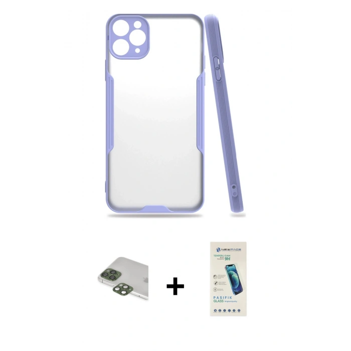 MARSİLYAN™- iPhone 11 Pro Max Kılıf Atlas Asil Serisi - Şeffaf Pasifik Cam Ekran Koruyucu + Pers Alüminyum Kamera Lens - YL