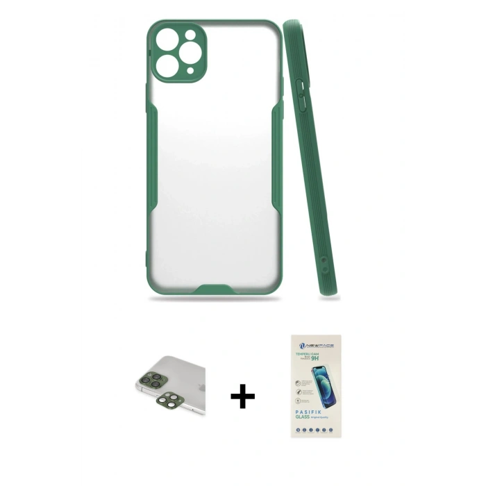 MARSİLYAN™- iPhone 11 Pro Max Kılıf Atlas Asil Serisi - Şeffaf Pasifik Cam Ekran Koruyucu + Pers Alüminyum Kamera Lens - YL