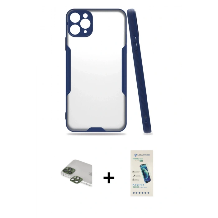 MARSİLYAN™- iPhone 11 Pro Max Kılıf Atlas Asil Serisi - Şeffaf Pasifik Cam Ekran Koruyucu + Pers Alüminyum Kamera Lens - YL