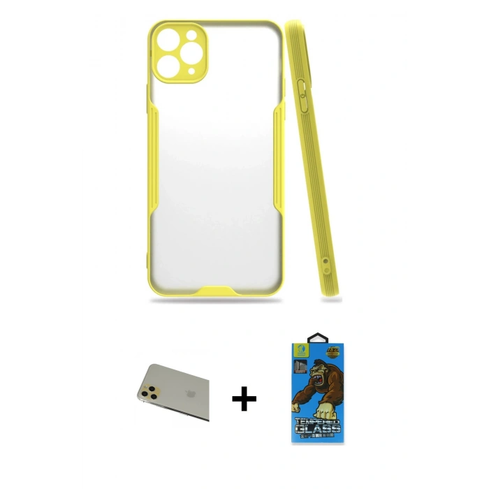 MARSİLYAN™- iPhone 11 Pro Max Kılıf Atlas Asil Serisi - Siyah 18D Cam Ekran Koruyucu + Rainbow Kamera Lens Koruma Cam - GD
