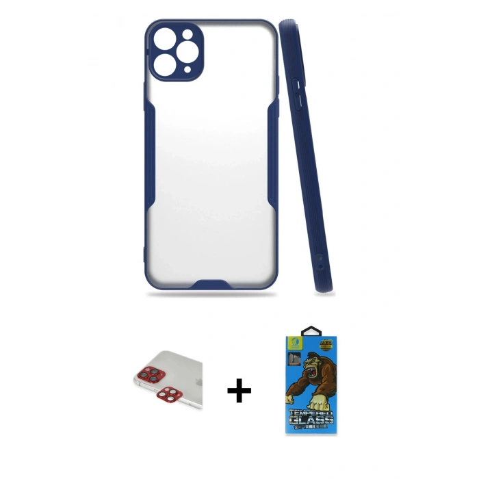 MARSİLYAN™- iPhone 11 Pro Max Kılıf Atlas Asil Serisi - Siyah 18D Cam Ekran Koruyucu + Pers Alüminyum Kamera Lens - KI