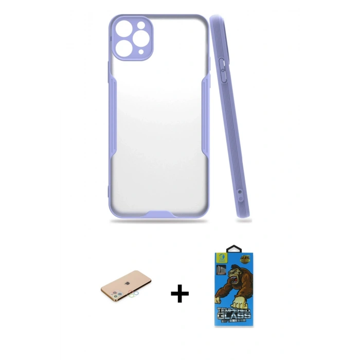 MARSİLYAN™- iPhone 11 Pro Max Kılıf Atlas Asil Serisi - Siyah 18D Cam Ekran Koruyucu + Renkli Kamera Lens Koruma Cam - MI