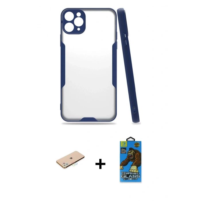 MARSİLYAN™- iPhone 11 Pro Max Kılıf Atlas Asil Serisi - Siyah 18D Cam Ekran Koruyucu + Renkli Kamera Lens Koruma Cam - MI