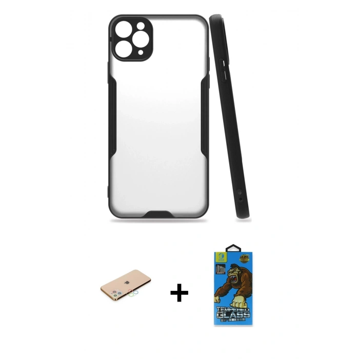 MARSİLYAN™- iPhone 11 Pro Max Kılıf Atlas Asil Serisi - Siyah 18D Cam Ekran Koruyucu + Renkli Kamera Lens Koruma Cam - MI